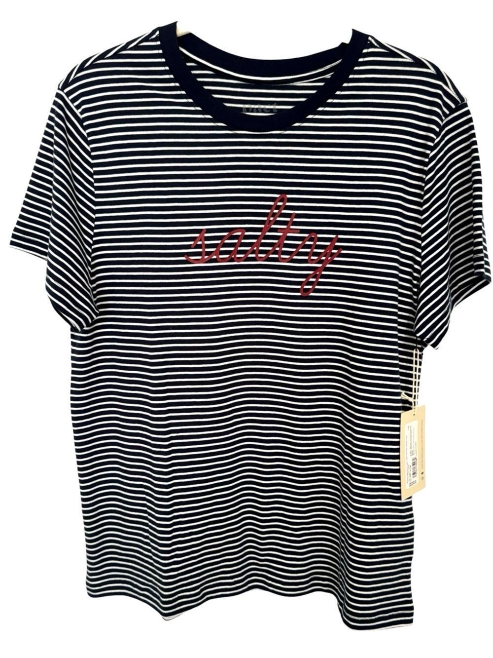 NWT Pact "Salty" Stripe Organic Cotton Essential Crewneck Tee Navy White W's M